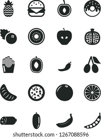 Solid Black Vector Icon Set - sausage vector, pizza, big burger, glazed cake with a hole, fried potato slices, blueberries, half pomegranate, tasty apple, cornels, delicious plum, date fruit, cherry