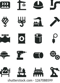Solid Black Vector Icon Set - hook vector, winch, gears, concrete mixer, cordless drill, construction helmet, plummet, hammer, sea port, valve, water pipes, factory, oil, industrial, conveyor, crane