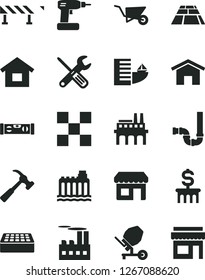 Solid Black Vector Icon Set - dwelling vector, building trolley, concrete mixer, small tools, cordless drill, siphon, level, tile, brick, paving slab, road fence, hammer with claw, home, industrial