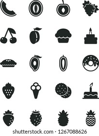 Solid Black Vector Icon Set - cake vector, birthday, glazed with a hole, pie, cone, strawberry, biscuit, cherry, branch of grape, raspberry, tasty, slice melon, half mango, ripe plum, pineapple