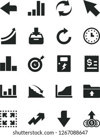 Solid Black Vector Icon Set - downward direction vector, left, growth up, renewal, clockwise, bar chart, upload folder, dangers, put in a box, size, recession, article on the dollar, wall watch