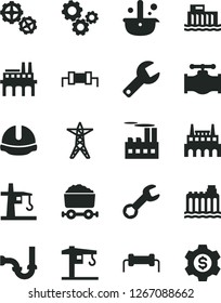 Solid Black Vector Icon Set - repair key vector, crane, gears, sewerage, construction helmet, valve, hydroelectric station, hydroelectricity, power line, industrial building, factory, enterprise