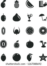 Solid Black Vector Icon Set - orange slice vector, fig, mango, half melon, passion fruit, sweet date, of kiwi, tamarillo, sour lime, guawa, pineapple, grapefruit, physalis, persimmon, hotel