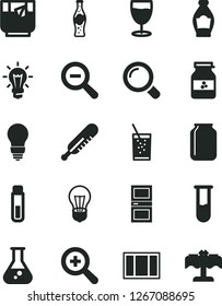 Solid Black Vector Icon Set - zoom vector, out, mercury thermometer, window frame, bulb, interroom door, magnifier, a glass of soda, tea, bottle, jar jam, flask, test tube, restaurant