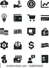Solid Black Vector Icon Set - bank card vector, purse, graph, cards, shopping cart, coins, denomination of the dollar, get a wage, money bag hand, rain, coin, gear, wallet, idea, mail, dialog, atm
