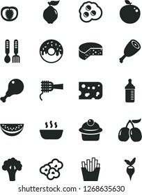 Solid Black Vector Icon Set - measuring bottle for feeding vector, iron fork spoons, piece of cheese, noodles, muffin, glazed cake with a hole, hot porridge, chicken leg, thigh, French fries, quince