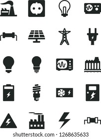 Solid Black Vector Icon Set - lightning vector, danger of electricity, matte light bulb, incandescent lamp, dangers, charging battery, solar panel, factory, hydroelectricity, power line, socket