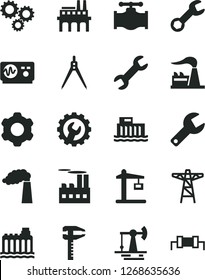 Solid Black Vector Icon Set - repair key vector, cogwheel, gear, working oil derrick, valve, manufacture, factory, hydroelectric station, hydroelectricity, power pole, industrial building, calipers