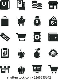 Solid Black Vector Icon Set - paper bag vector, purse, put in cart, with handles, kiosk, blueberry, Bell pepper, ripe, oil, coins, statistical report, dollars, research, season sale, financial