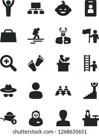 Solid Black Vector Icon Set - zoom vector, woman, hat with glasses, funny hairdo, children's tracks, garden trolley, man, scheme, hand bag, conversation, scientist, winner stairway, hands up, ladder