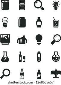 Solid Black Vector Icon Set - matte light bulb vector, measuring cup for feeding, interroom door, magnifier, a glass of soda, tea, bottle, jam, liquor, jar, flask, test tube, zoom, wine, restaurant