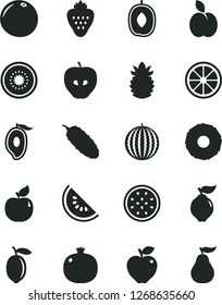 Solid Black Vector Icon Set - cucumber vector, strawberry, apple, pomegranate, quince, apricot, red, tasty, water melon, slice of, half mango, delicious plum, lemon, juicy, kiwi, passion fruit