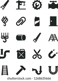 Solid Black Vector Icon Set - scissors vector, clip, crane, hook, winch, hand saw, arm, stepladder, ladder, sewerage, ntrance door, gear, hammer, soda can, valve, water pipes, canister, magnet, pipe
