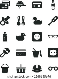 Solid Black Vector Icon Set - grocery basket vector, bank card, dummy, feeding bottle, beanbag, electronic thermometer e, rubber duck, baby duckling, children's sand set, plastic fork spoons, bucket