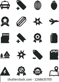 Solid Black Vector Icon Set - danger of electricity vector, add bookmark, label, remove, car, Hot Dog, melon, tamarillo, jar, sale, sd card, medal, bang, star ribbon, private plane, forest house
