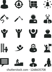 Solid Black Vector Icon Set - image of thought vector, cargo trolley, employee, operator, builder, welding, gas, woman, man in sight, scientist, winner, carrer stairway, hands up, with flag, ladder