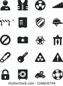 Solid Black Vector Icon Set - warning vector, prohibition, safety pin, bag of a paramedic, workman, key, helmet, road fence, lock, strongbox, radiation hazard, autopilot, nuclear, biohazard, safe