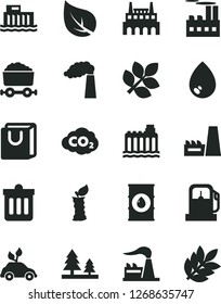 Solid Black Vector Icon Set - dust bin vector, drop, bag with handles, apple stub, leaf, gas station, manufacture, factory, oil, hydroelectric, hydroelectricity, forest, industrial building, biology