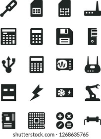 Solid Black Vector Icon Set - floppy disk vector, calculator, electronic thermometer e, lightning, math actions, processor, assembly robot, SIM card, engineer, pc power supply, tower, motherboard