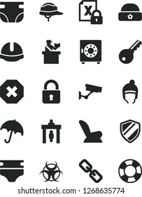 Solid Black Vector Icon Set - mark of injury vector, spectacles, diaper, nappy, car child seat, winter hat, warm, construction helmet, lock, umbrella, strongbox, encrypting, biohazard, security gate