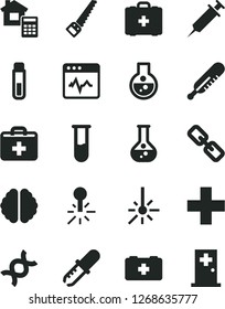 Solid Black Vector Icon Set - spectacles vector, first aid kit, plus, mercury thermometer, bag of a paramedic, medical, arm saw, estimate, cardiogram, flask, outdoor, test tube, dna, brain, pipette