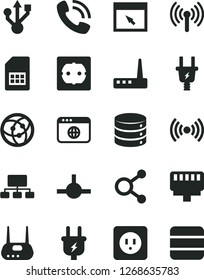 Solid Black Vector Icon Set - power socket type b vector, f, big data, plug, electric, SIM card, connections, scheme, phone call, usb, router, network, browser, connect, lan connector, wireless