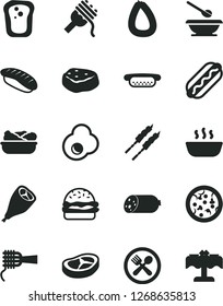 Solid Black Vector Icon Set - plates and spoons vector, sausage, stick of, pizza, Hot Dog, mini, burger, spaghetti, noodles, porridge, lettuce in a plate, grill chicken leg, bacon, barbecue, cafe