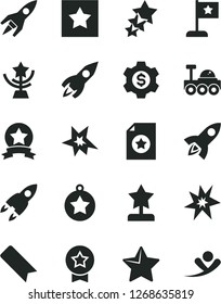 Solid Black Vector Icon Set - bookmark vector, star, rocket, lunar rover, bang, cup, reward, medal, flag, ribbon, certificate, dollar gear, three stars, flying man