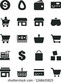 Solid Black Vector Icon Set - paper bag vector, grocery basket, bank card, dollar, cubes for children, cart, put in, stick of sausage, kiosk, stall, shopping, front the, wallet, purse, cash, machine