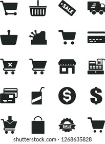 Solid Black Vector Icon Set - paper bag vector, grocery basket, bank card, dollar, e, cart, put in, crossed, cards, kiosk, shopping, Express delivery, cash machine, cashbox, season sale