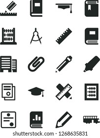 Solid Black Vector Icon Set - graphite pencil vector, yardstick, book, new abacus, buildings, writing accessories, drawing, clip, scribed compasses, text highlighter, on statistics, graduate hat
