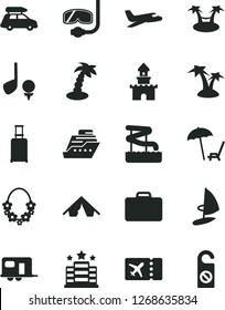 Solid Black Vector Icon Set - sand castle vector, plane, car baggage, camper, suitcase, rolling, ticket, tent, arnchair under umbrella, palm tree, hawaii wreath, aquapark, diving mask, hotel, golf