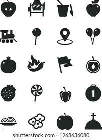 Solid Black Vector Icon Set - children's sand set vector, baby toy train, colored air balloons, concrete mixer, flag, onion, Chupa Chups, lollipop, popcorn, strawberries, apple, pomegranate, red
