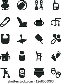 Solid Black Vector Icon Set - toys over the cradle vector, mug for feeding, measuring cup, diaper, powder, baby, bib, rattle, car child seat, sitting stroller, safety pin, bath ball, roly poly doll