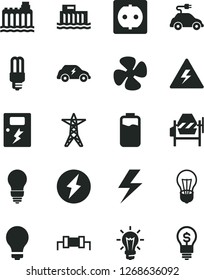 Solid Black Vector Icon Set - lightning vector, danger of electricity, matte light bulb, concrete mixer, dangers, fan screw, charge level, hydroelectric station, hydroelectricity, power line, socket