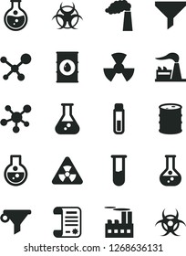 Solid Black Vector Icon Set - round flask vector, manufacture, factory, oil, barrel, industrial building, radiation, filter, water, research article, test tube, molecule, nuclear, biohazard