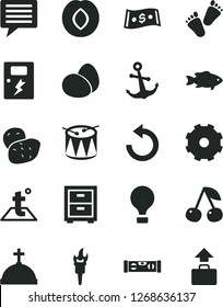 Solid Black Vector Icon Set - truck lorry vector, image of thought, counterclockwise, bedside table, children's tracks, drum, building level, dangers, temperature, anchor, eggs, fish, cherry, plum