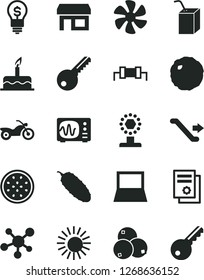 Solid Black Vector Icon Set - packing of juice with a straw vector, cake, key, cabbage, cucumber, blueberries, half passion fruit, marine propeller, stall, scientific publication, notebook pc, cup