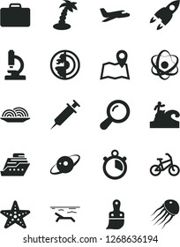 Solid Black Vector Icon Set - plastic brush vector, onion, microscope, atom, zoom, earth core, saturn, rocket, syringe, stopwatch, plane, bike, suitcase, beach, palm tree, starfish, surfing, map