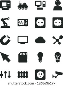 Solid Black Vector Icon Set - power socket type b vector, f, new radiator, bulb, light, horseshoe magnet, assembly robot, operator, computer, monitor, sd card, cursor, cloud, molecule, settings, atm