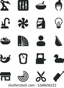 Solid Black Vector Icon Set - incandescent lamp vector, scissors, rubber duck, winter hat, color samples, kitchen faucet, regulator, package, a bowl of rice porridge, plate fruit, chili, garlic, man
