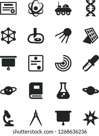 Solid Black Vector Icon Set - artificial satellite vector, planet, flask, microscope, atom, dna, book, pipette, drawing compass, artifical insimination, radar, sun panel, saturn, lunar rover, bang