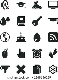 Solid Black Vector Icon Set - alarm clock vector, clean paper, cross, silent mode, rss feed, children's tracks, key, index finger, drop, screen, cake, planet Earth, water filter, mouse, book