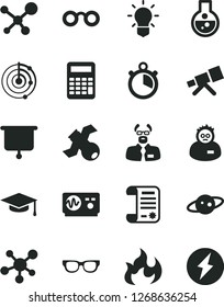 Solid Black Vector Icon Set - research article vector, flask, telescope, molecule, glasses, bulb, satellite, oscilloscope, flame, scientist, graduate hat, calculator, radar, saturn, stopwatch