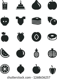 Solid Black Vector Icon Set - Child T shirt vector, birthday cake, with a hole, glass of soda, blueberries, pineapple, orange slice, pancakes, peach, apple, half pomegranate, tasty, plum, strawberry