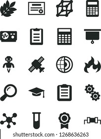 Solid Black Vector Icon Set - test tube vector, molecule, zoom, gears, satellite, oscilloscope, flame, graduate hat, clipboard, calculator, earth core, medal, robot, biology, presentation board