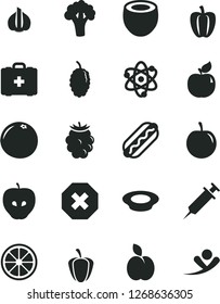 Solid Black Vector Icon Set - mark of injury vector, medical bag, Hot Dog, a plate milk, apple, apricot, tasty, blackberry, mulberry, plum, juicy lemon, half coconut, grapefruit, Bell pepper, ripe