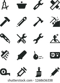 Solid Black Vector Icon Set - graphite pencil vector, small tools, measuring tape, wooden paint brush, writing accessories, spatula, stationery knife, temperature, hammer, with claw, core, pan