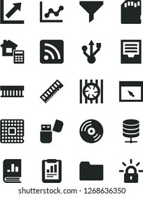 Solid Black Vector Icon Set - folder vector, rss feed, graph, growth chart, archive, estimate, CD, big data server, processor, filter, statistical report, book on statistics, radiator fan, memory