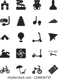 Solid Black Vector Icon Set - stacking rings vector, small teddy bear, box of bricks, child bicycle, Kick scooter, Puzzles, pawn, air balloon, hang glider, bike, tent, beach, arnchair under umbrella